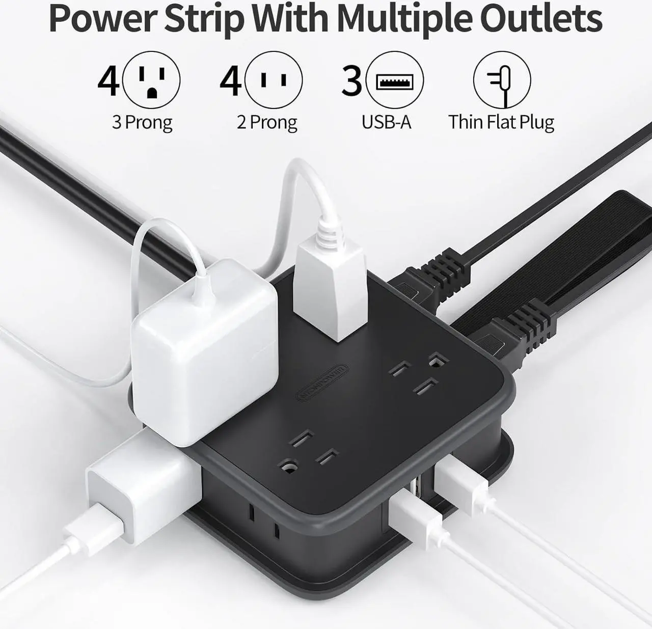 Alt view image 2 of 6 - NTONPOWER Flat Plug Power Strip with 8 Widely Outlets and 3 USB Ports, 5 ft Wrapped Around Extension Cord, 3 Side Outlet Extender, Wall Mount, Overload Potection, Idea for Home, Dorm Room, Travel - UL