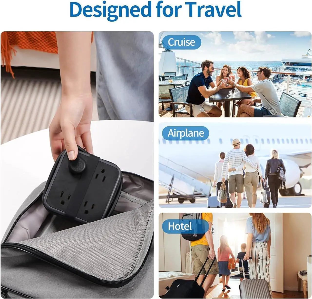 Alt view image 4 of 6 - NTONPOWER Flat Plug Power Strip with 8 Widely Outlets and 3 USB Ports, 5 ft Wrapped Around Extension Cord, 3 Side Outlet Extender, Wall Mount, Overload Potection, Idea for Home, Dorm Room, Travel - UL