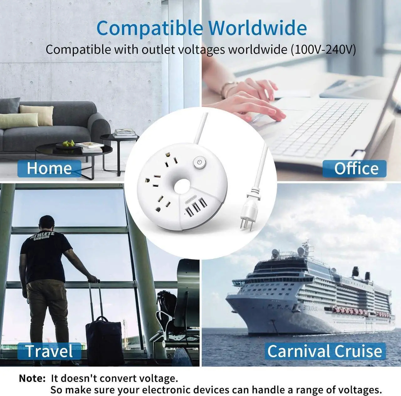 Alt view image 4 of 7 - Travel Power Strip with USB Ports, NTONPOWER Cruise Approved Power Strip with 3 Outlet 3 USB, 5 ft Extension Cord with USB Ports, Compact for Indoor Home Office Dorm Room Cruise Essentials, White