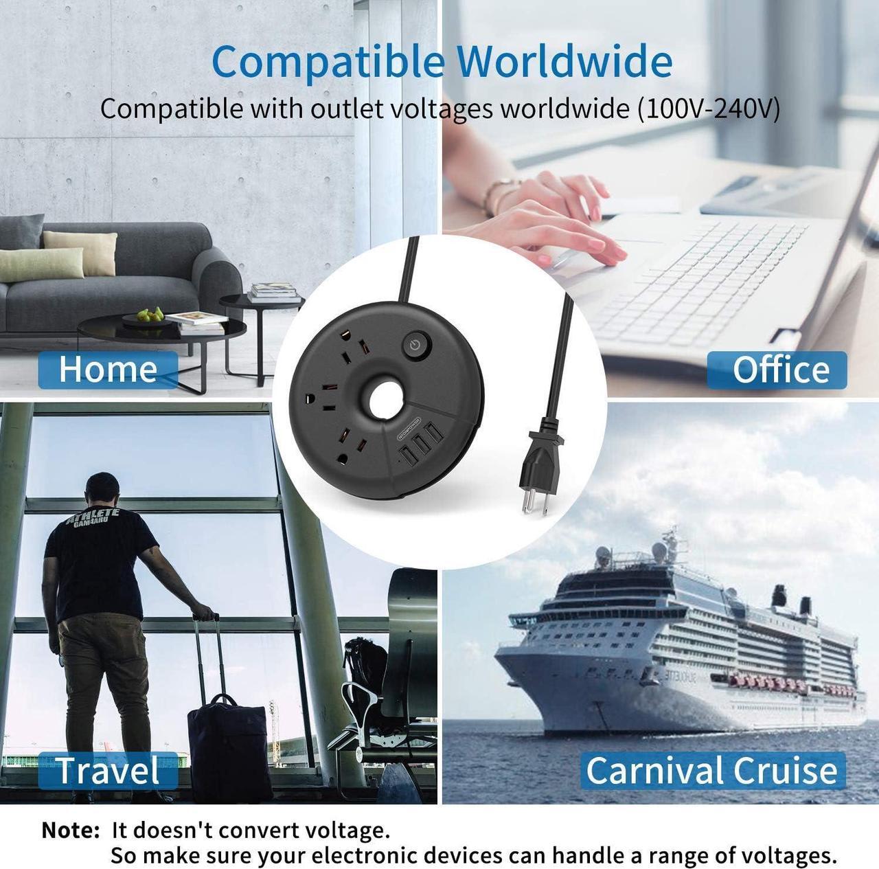 Alt view image 4 of 7 - Travel Power Strip with USB Ports, NTONPOWER Portable Desktop Charging Station with 3 Outlets 3 USB, 5 ft Extension Cord, Compact for Home, Office, Dorm Room, Nightstand, Cruise, Business Trip, Black