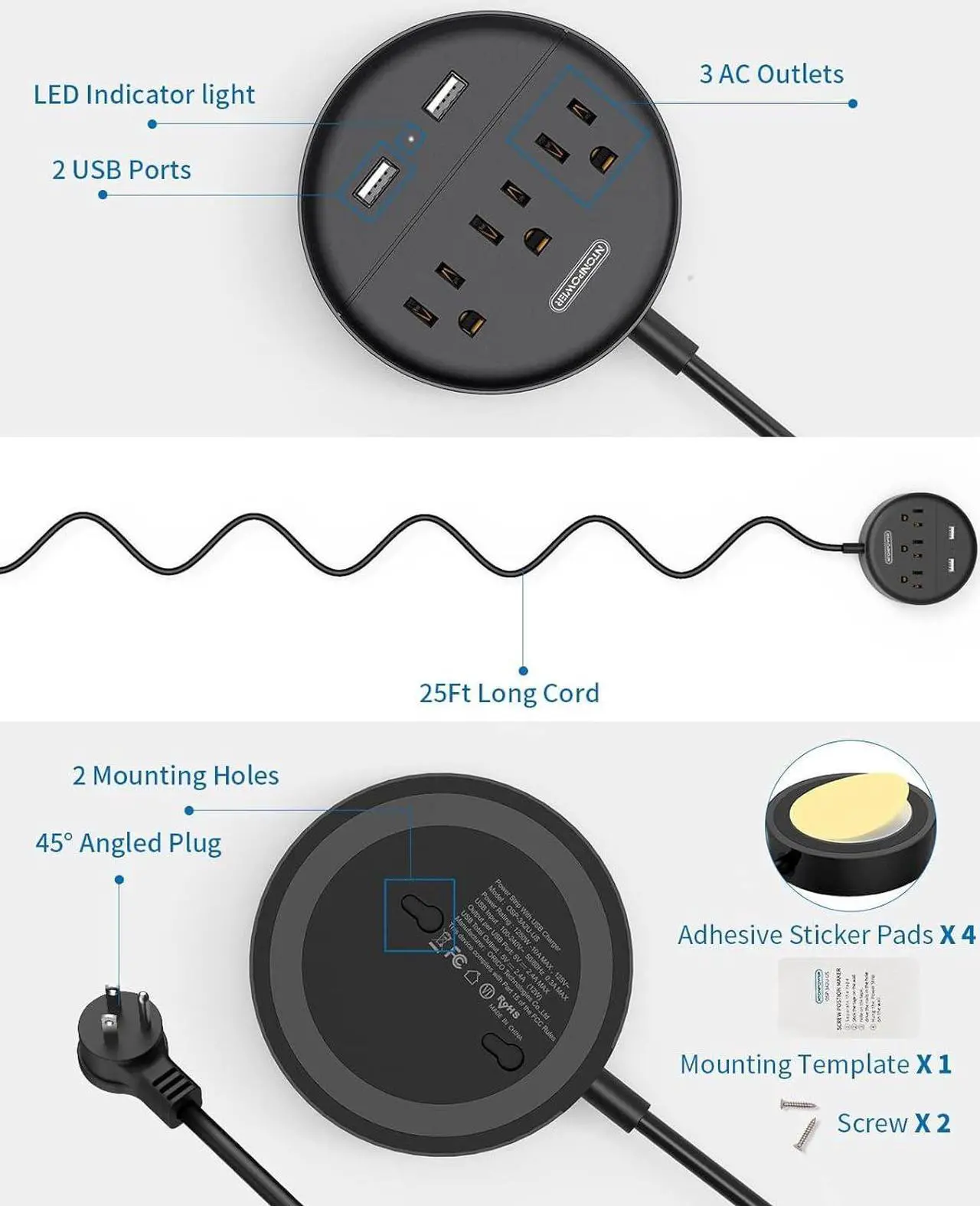 Alt view image 2 of 7 - Extension Cord 25 ft, NTONPOWER Flat Plug Power Strip with USB, 3 Outlet 2 USB Desktop Charging Station, Wall Mount Power Strip for Home Office, Black