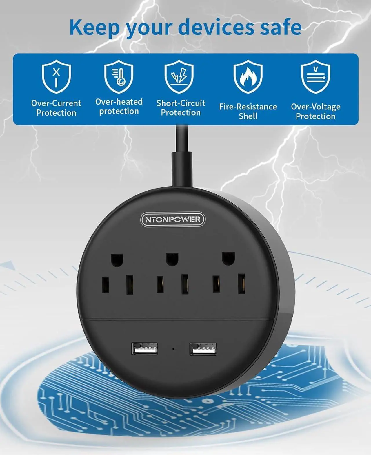 Alt view image 6 of 7 - Extension Cord 25 ft, NTONPOWER Flat Plug Power Strip with USB, 3 Outlet 2 USB Desktop Charging Station, Wall Mount Power Strip for Home Office, Black