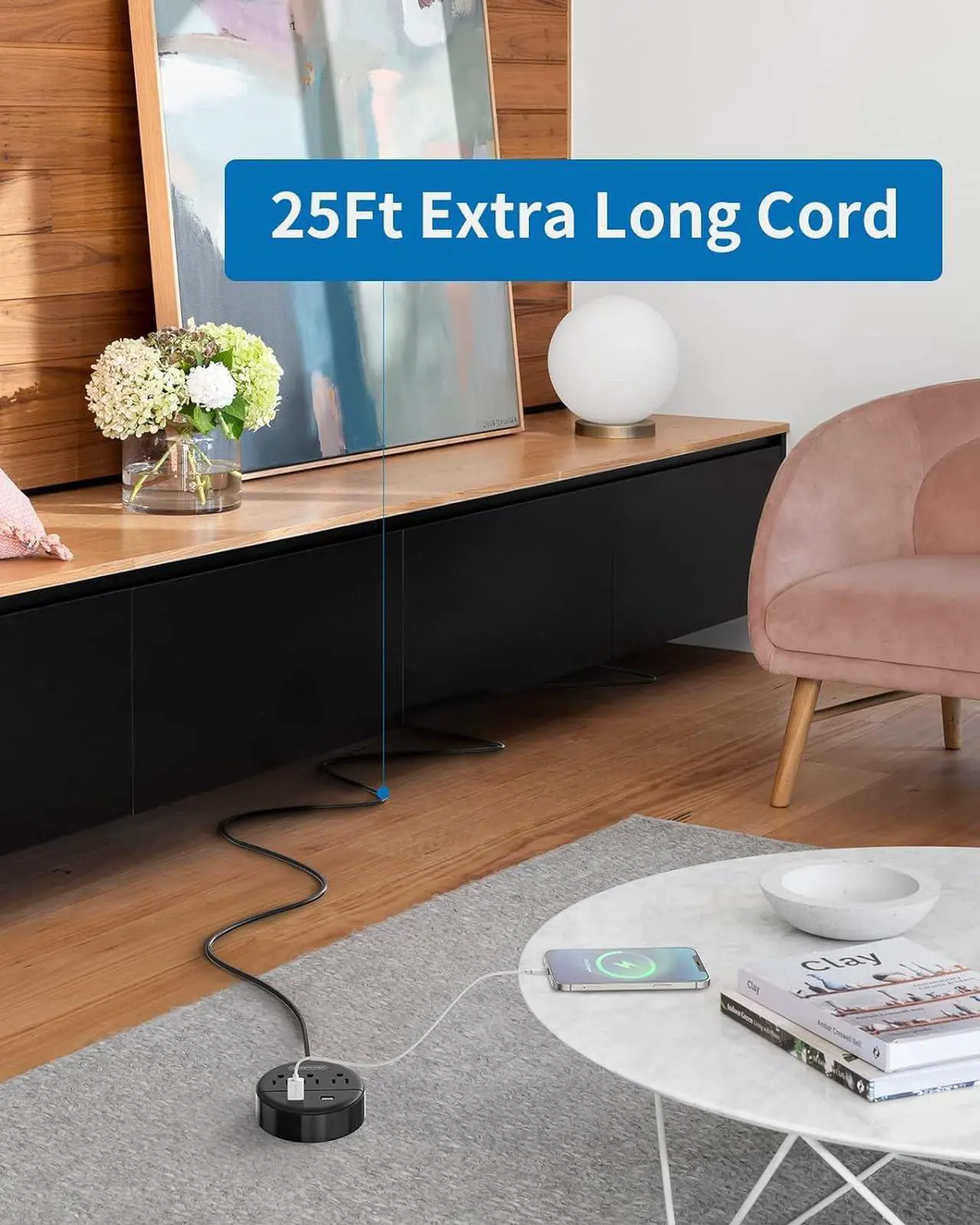 Alt view image 5 of 7 - Extension Cord 25 ft, NTONPOWER Flat Plug Power Strip with USB, 3 Outlet 2 USB Desktop Charging Station, Wall Mount Power Strip for Home Office, Black
