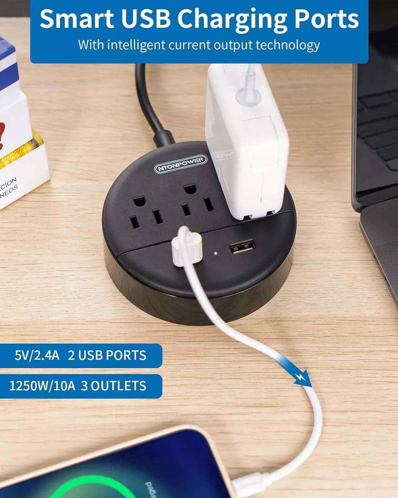 Alt view image 3 of 7 - Extension Cord 25 ft, NTONPOWER Flat Plug Power Strip with USB, 3 Outlet 2 USB Desktop Charging Station, Wall Mount Power Strip for Home Office, Black
