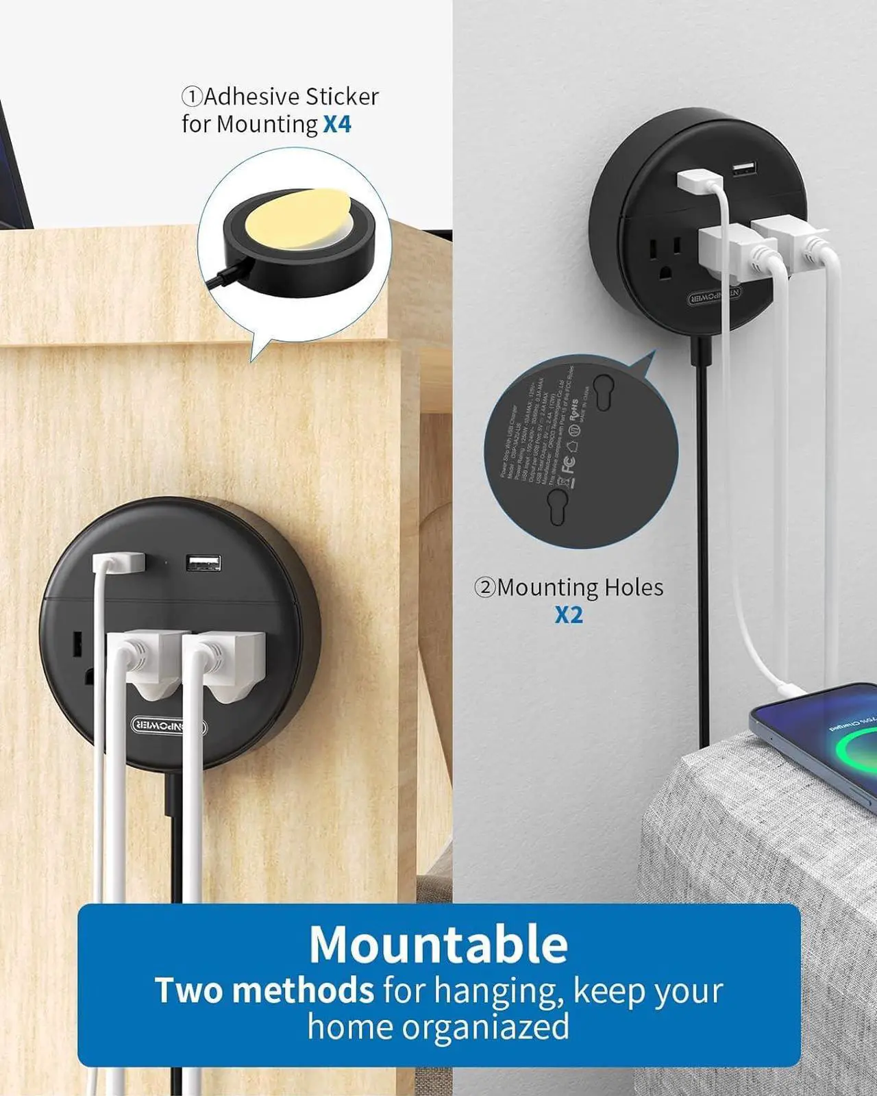 Alt view image 4 of 7 - Extension Cord 25 ft, NTONPOWER Flat Plug Power Strip with USB, 3 Outlet 2 USB Desktop Charging Station, Wall Mount Power Strip for Home Office, Black