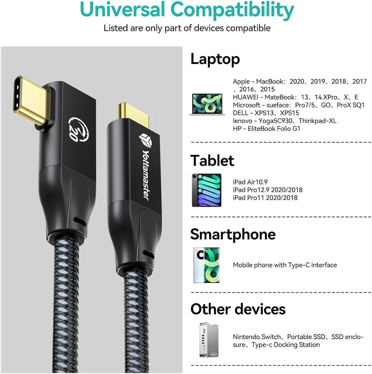 Alt view image 6 of 7 - Yottamaster USBC to USB C Cable Right Angle[20Gbps, 100W, 3M], USB3.2X2 Type-C Cable Right Angle with E-Marker Support 4K@60Hz, Fully Compatible with Phone/Laptop/Tablet/Switch USB C Device [10ft/3m]