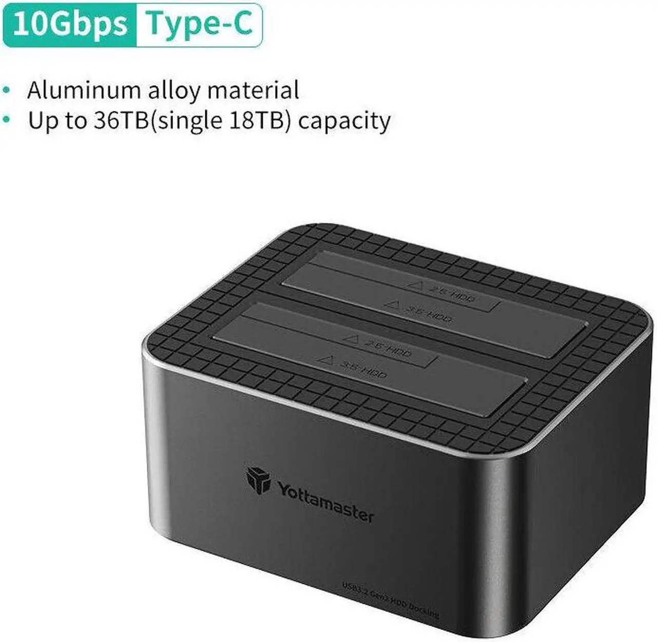 Main image of Yottamaster Dual Bay Docking Station, Hard Drive Dock 10Gbps USB C for 2.5" & 3.5" SATA HDD/SSD, Support 2x18TB Drives, Suitable for PC/Smart TV/Smart Router - No Offline Cloning [KB200]