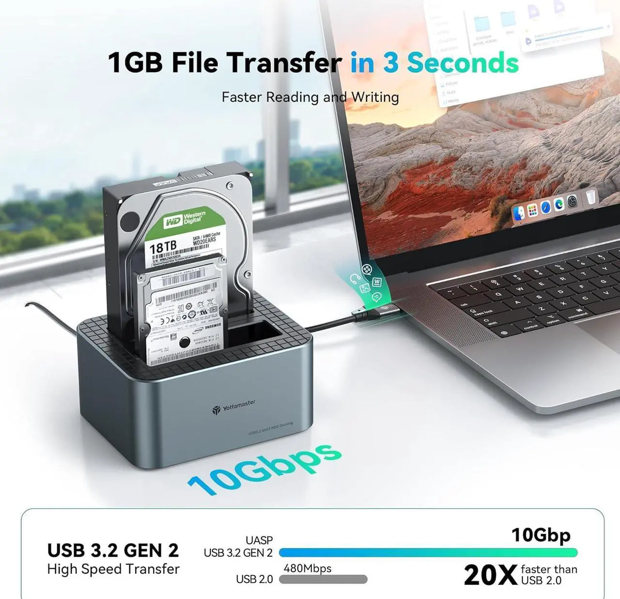 Alt view image 3 of 7 - Yottamaster Dual Bay Docking Station, Hard Drive Dock 10Gbps USB C for 2.5" & 3.5" SATA HDD/SSD, Support 2x18TB Drives, Suitable for PC/Smart TV/Smart Router - No Offline Cloning [KB200]