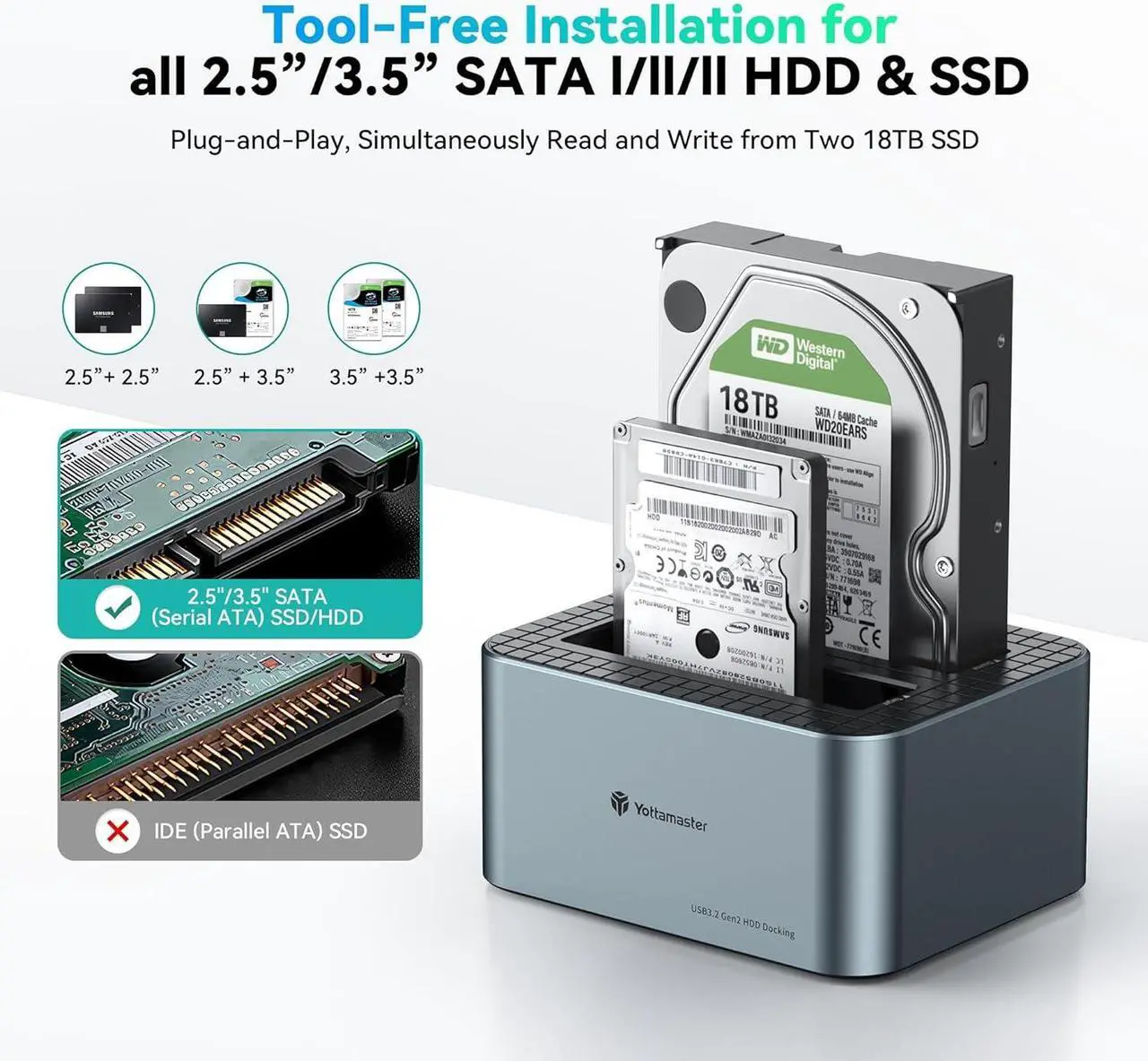 Alt view image 6 of 7 - Yottamaster Dual Bay Docking Station, Hard Drive Dock 10Gbps USB C for 2.5" & 3.5" SATA HDD/SSD, Support 2x18TB Drives, Suitable for PC/Smart TV/Smart Router - No Offline Cloning [KB200]