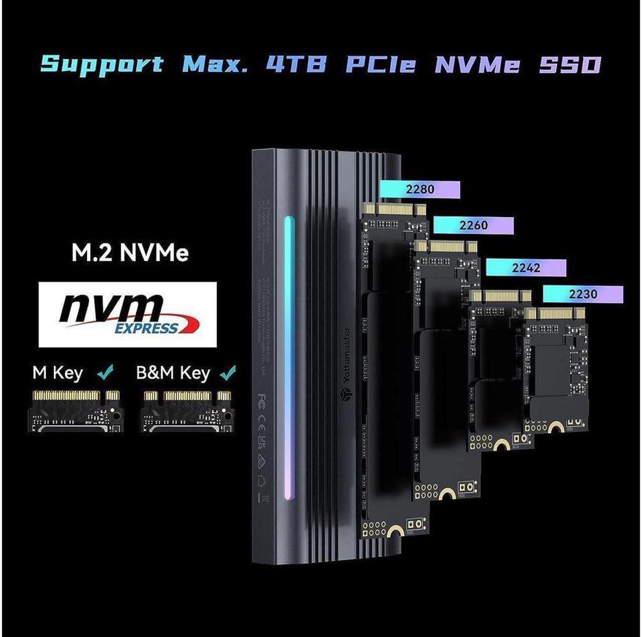Alt view image 14 of 14 - M.2 NVME SSD Enclosure for Gaming RGB, Yottamaster 10Gbps USB 3.1 Gen 2 SSD Enclosure, Aluminum NVMe Enclosure Support UASP Trim, Fits 2280/2260/2242/2230 M Key/B+M Key, up to 4TB (Silver)