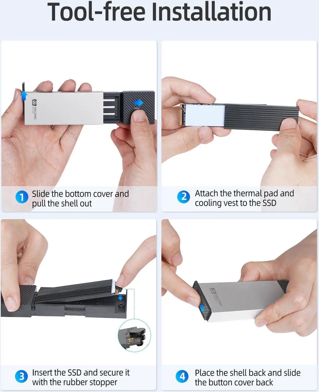 Alt view image 7 of 7 - SAN ZANG BY iDsonix NVMe & SATA SSD Enclosure, USB 3.2 GEN 2 Type-C M.2 Enclosure for M-Key, B+M Key NVMe & SATA SSD with UASP Trim for 2230/2242/2260/2280 SSD Aluminum Silver