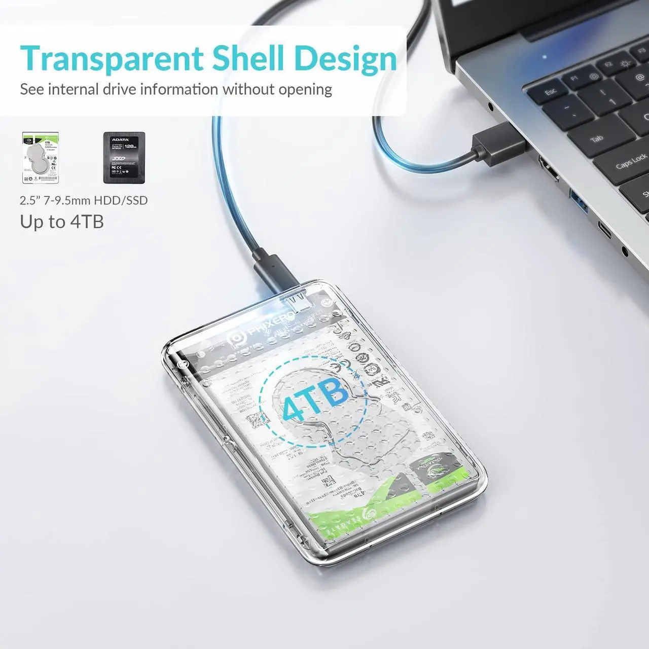 Alt view image 2 of 7 - PHIXERO 2.5" Hard Drive Enclosure, 6Gbps USB 3.1 Gen 1 to SATA III Tool-Free SSD Hard Drive Enclosure for 2.5 inch 7mm/9.5mm SATA HDD & SSD [UASP Supported] Transparent Type C