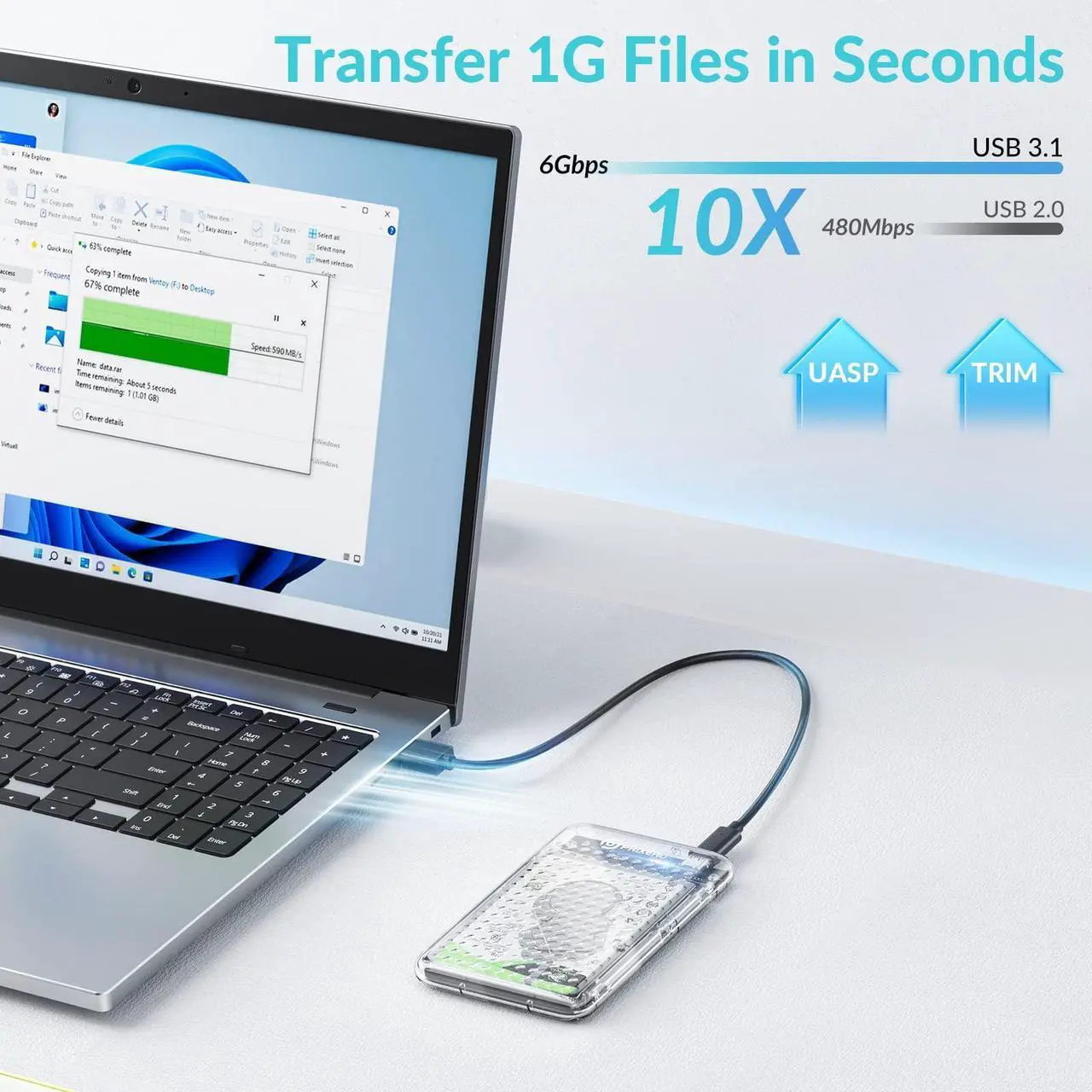 Alt view image 3 of 7 - PHIXERO 2.5" Hard Drive Enclosure, 6Gbps USB 3.1 Gen 1 to SATA III Tool-Free SSD Hard Drive Enclosure for 2.5 inch 7mm/9.5mm SATA HDD & SSD [UASP Supported] Transparent Type C