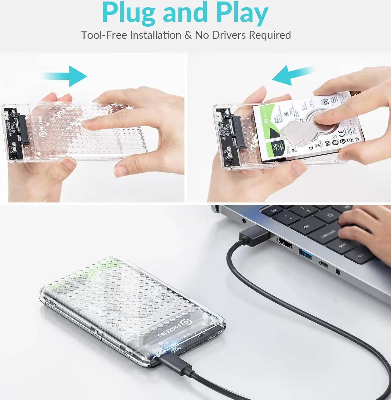 Alt view image 7 of 7 - PHIXERO 2.5" Hard Drive Enclosure, 6Gbps USB 3.1 Gen 1 to SATA III Tool-Free SSD Hard Drive Enclosure for 2.5 inch 7mm/9.5mm SATA HDD & SSD [UASP Supported] Transparent Type C