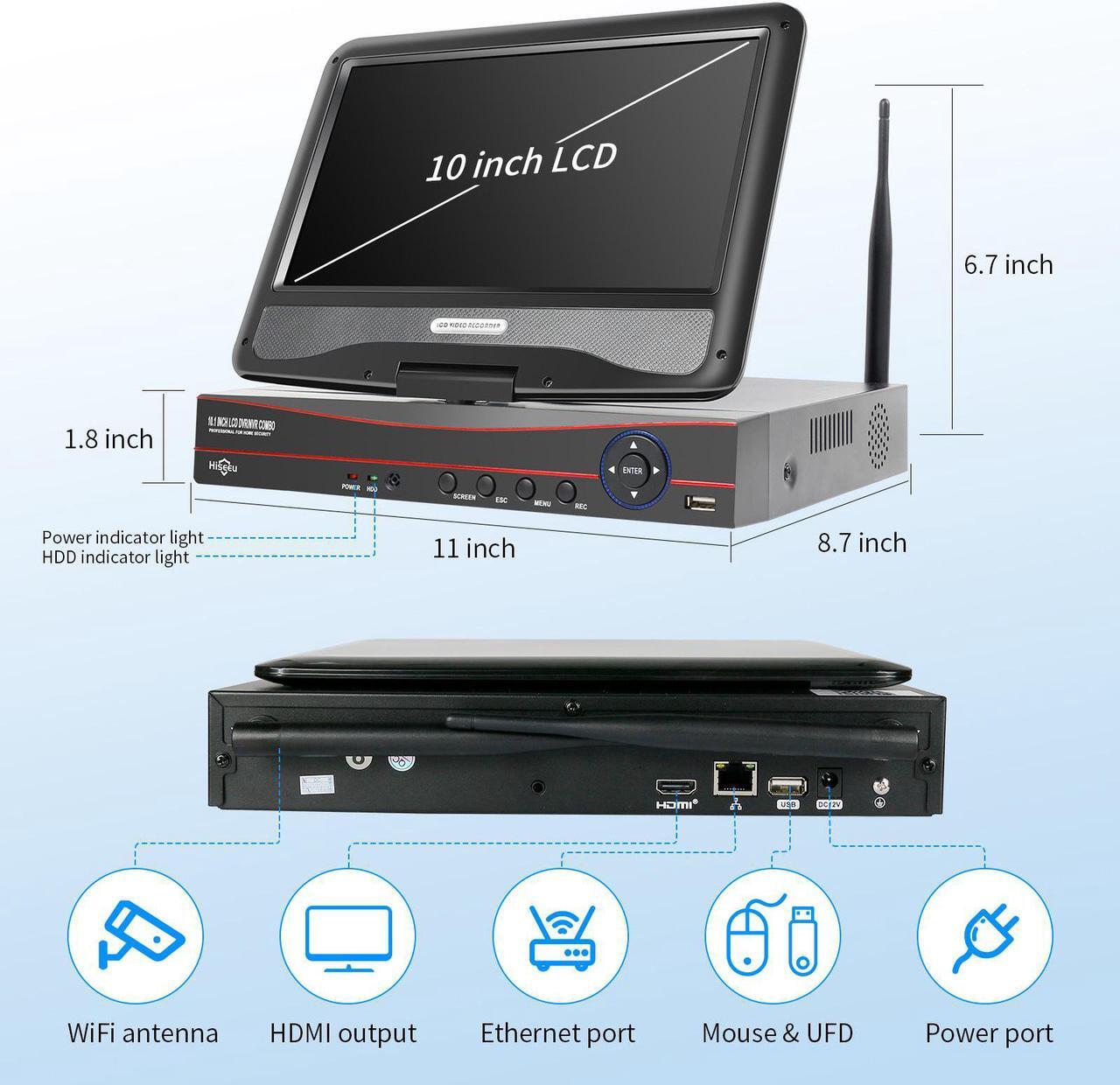 Alt view image 7 of 7 - Hiseeu 10'' LCD Wireless WiFi NVR 8 Channels Network Video Recorder, 1080P/3MP/5MP Motion Detection Zones, 24/7 Record, Work with Hiseeu Eseecloud Wireless Camera