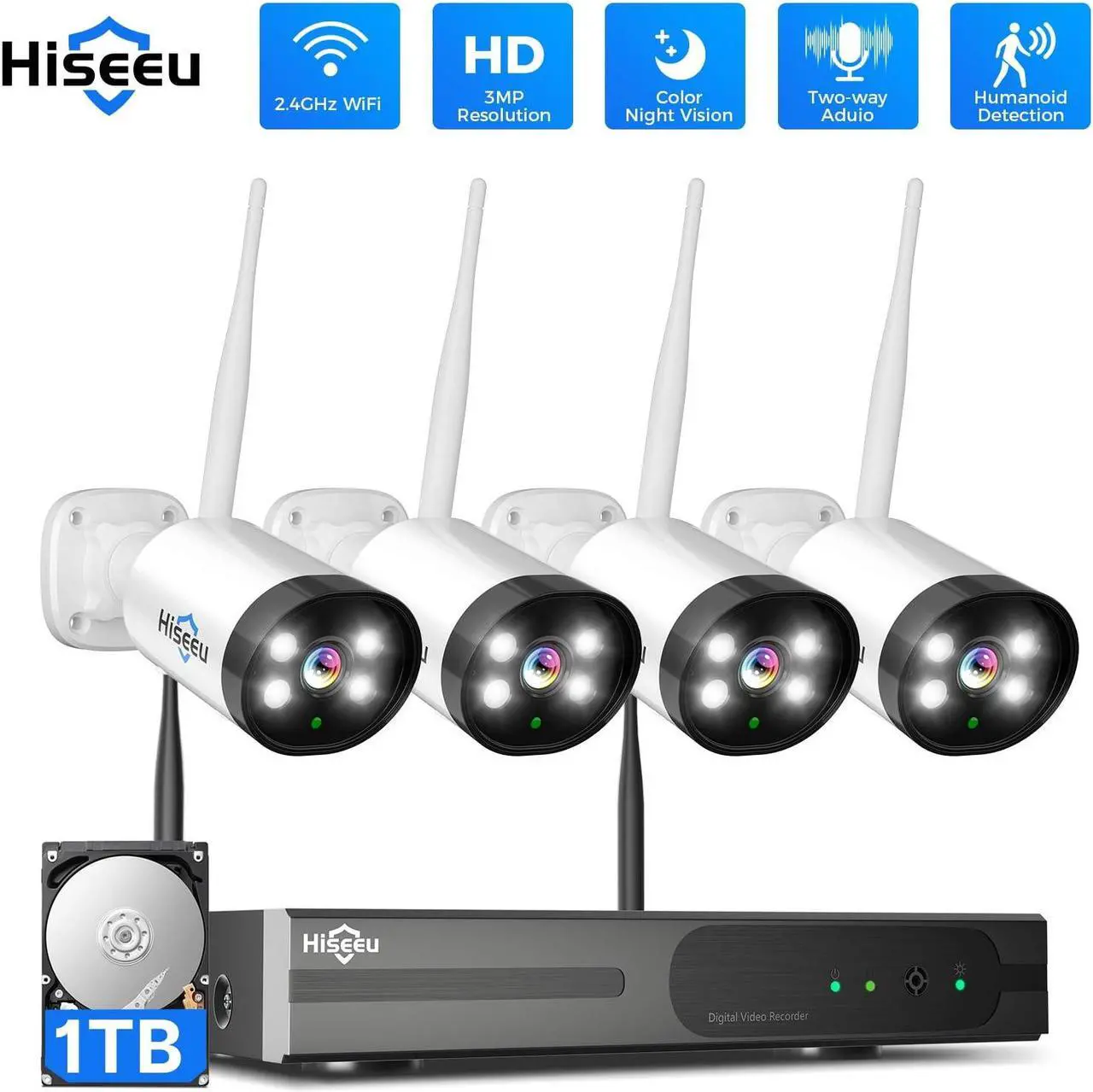 Main image of Hiseeu 3MP Wireless Security Camera System 1TB Hard Drive,4Pcs WiFi Security Camera, IP66 Waterproof, Motion Alert