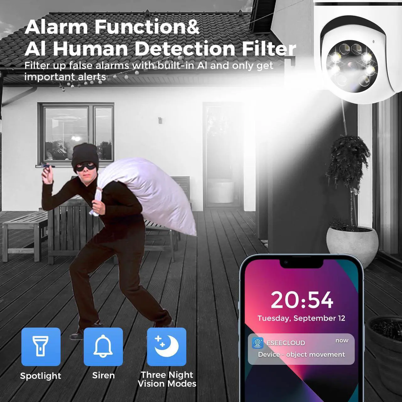 Alt view image 3 of 6 - Hiseeu 3MP Full-Color Night Vision Camera] Hiseeu 3MP Full-Color Night Vision Light Bulb Security Camera, PTZ Technology, Wireless WiFi with 2.4GHz & 5GHz, Audio and Motion Alerts, Indoor Use,