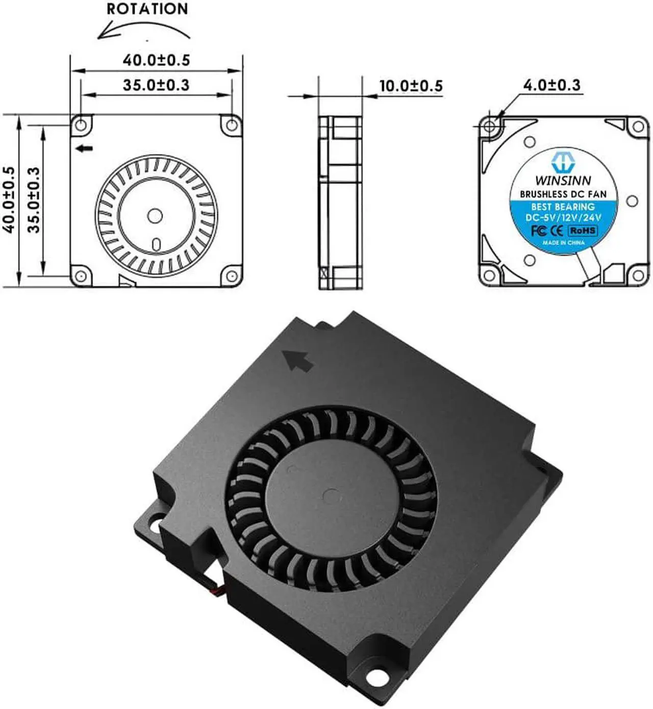 Alt view image 2 of 5 - WINSINN 40mm Blower Fan 12V, 3D Printer Micro 12 Volt Fans Blower 4010 Dual Ball Bearing, with Air Guide Parts, 40mmx10mm 2PIN (Pack of 5Pcs)