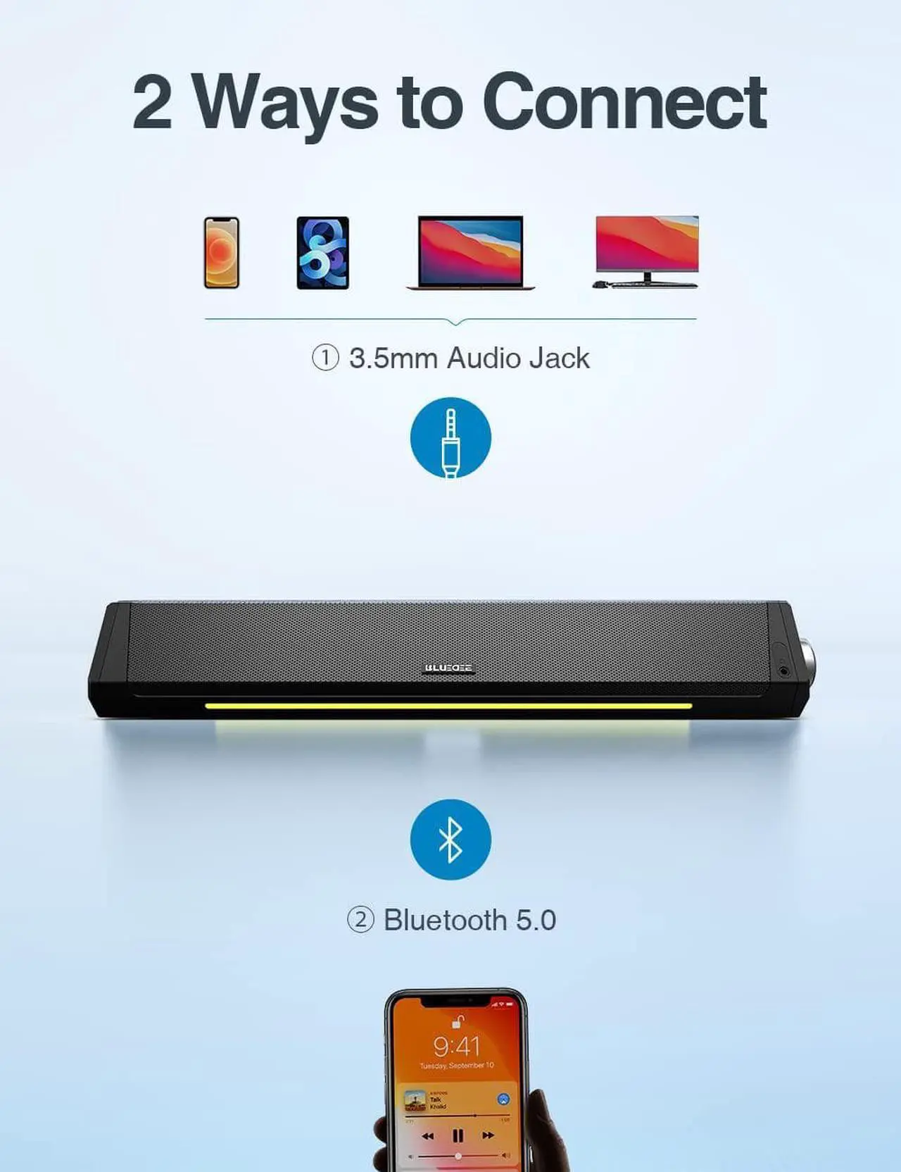 Alt view image 4 of 7 - Computer Speakers, Bluetooth Soundbar, HiFi Stereo, 3.5mm Aux-in Connection, USB Powered Speakers for Desktop Monitor, PC, Laptop, Tablets