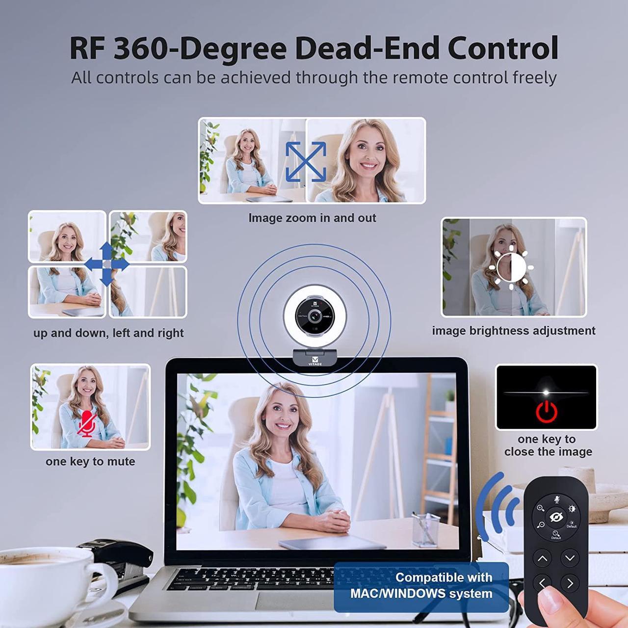 Alt view image 4 of 7 - Zoomable Webcam with Remote Control, 1080P 60FPS Streaming Webcam with Adjustable Ring Light and Tripod, Pro USB 5X Digital Zoom Webcam for Zoom/Skype Teams/Laptop/Mac Windows