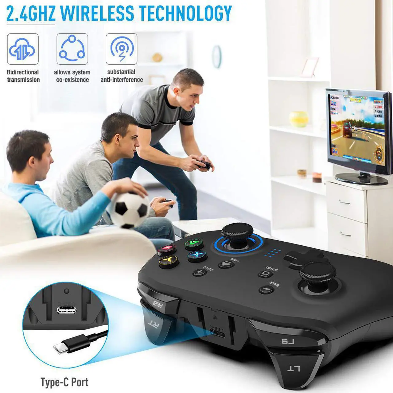 Alt view image 2 of 7 - Wireless Gaming Controller, Dual-Vibration Joystick Gamepad Computer Game Controller for PC Windows 7/8/10/11, PS3, Switch- Black
