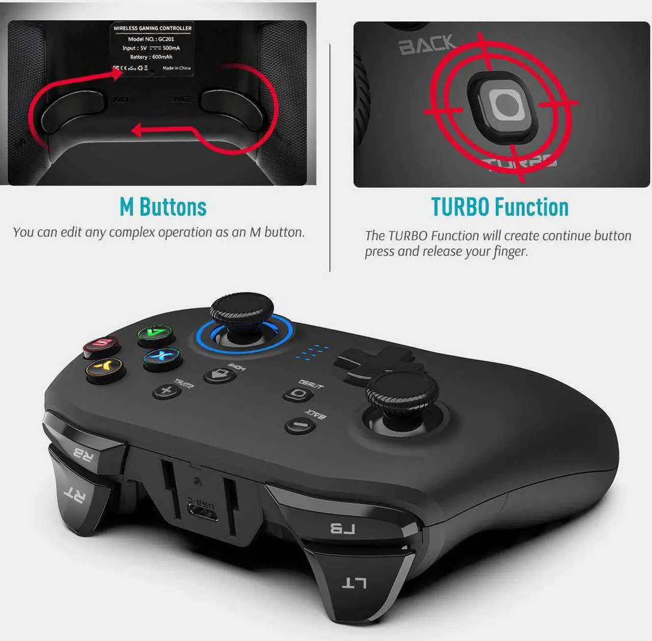 Alt view image 5 of 7 - Wireless Gaming Controller, Dual-Vibration Joystick Gamepad Computer Game Controller for PC Windows 7/8/10/11, PS3, Switch- Black