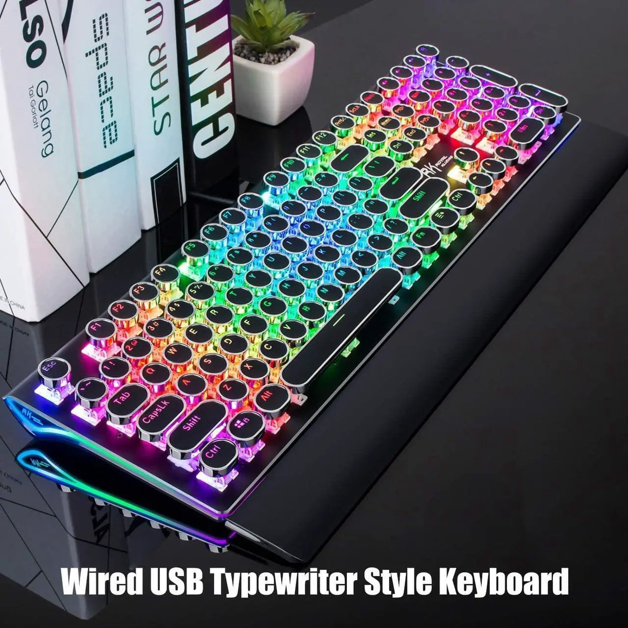 Alt view image 2 of 7 - RK ROYAL KLUDGE S108 Typewriter Keyboard, Retro Mechanical Gaming Keyboard Wired 108 Keys with RGB Backlit Sidelight, Detachable Wrist Rest, Round Keycaps Blue Switches - Black