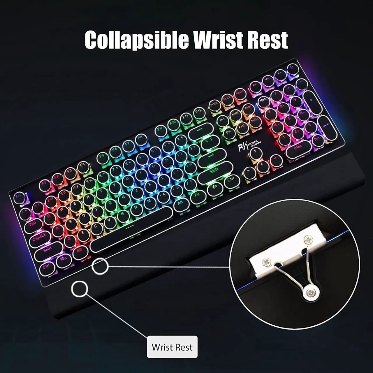 Alt view image 3 of 7 - RK ROYAL KLUDGE S108 Typewriter Keyboard, Retro Mechanical Gaming Keyboard Wired 108 Keys with RGB Backlit Sidelight, Detachable Wrist Rest, Round Keycaps Blue Switches - Black