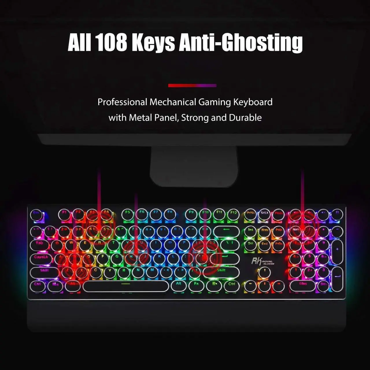 Alt view image 4 of 7 - RK ROYAL KLUDGE S108 Typewriter Keyboard, Retro Mechanical Gaming Keyboard Wired 108 Keys with RGB Backlit Sidelight, Detachable Wrist Rest, Round Keycaps Blue Switches - Black