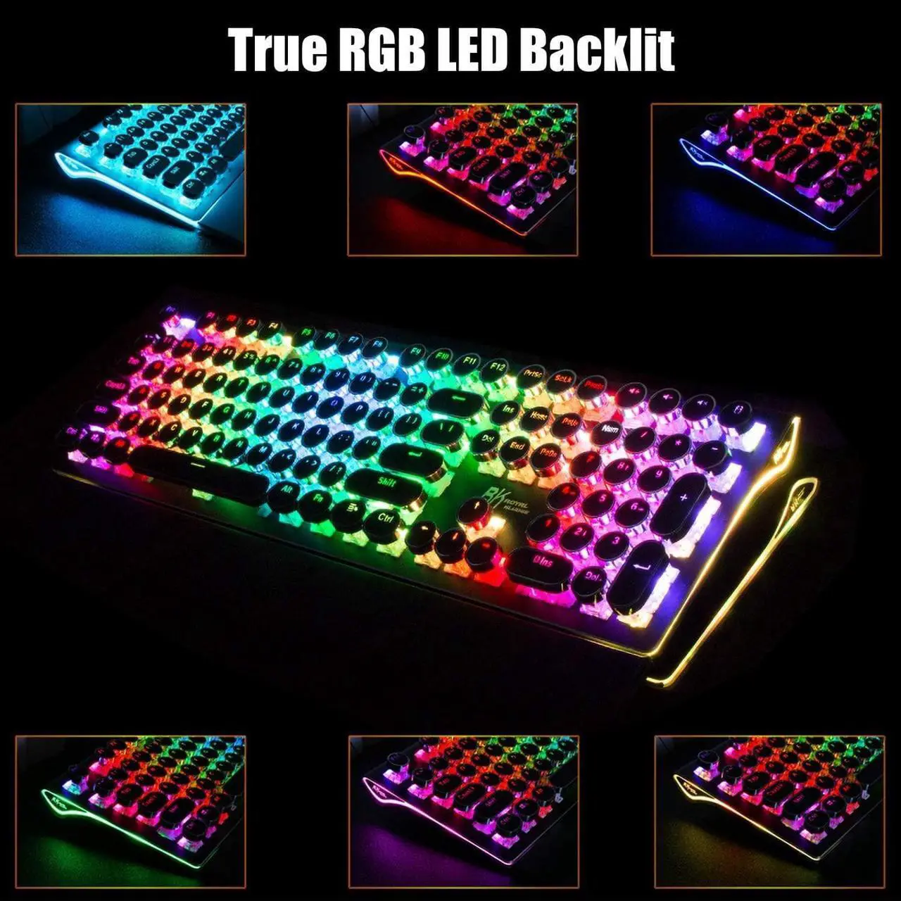 Alt view image 5 of 7 - RK ROYAL KLUDGE S108 Typewriter Keyboard, Retro Mechanical Gaming Keyboard Wired 108 Keys with RGB Backlit Sidelight, Detachable Wrist Rest, Round Keycaps Blue Switches - Black