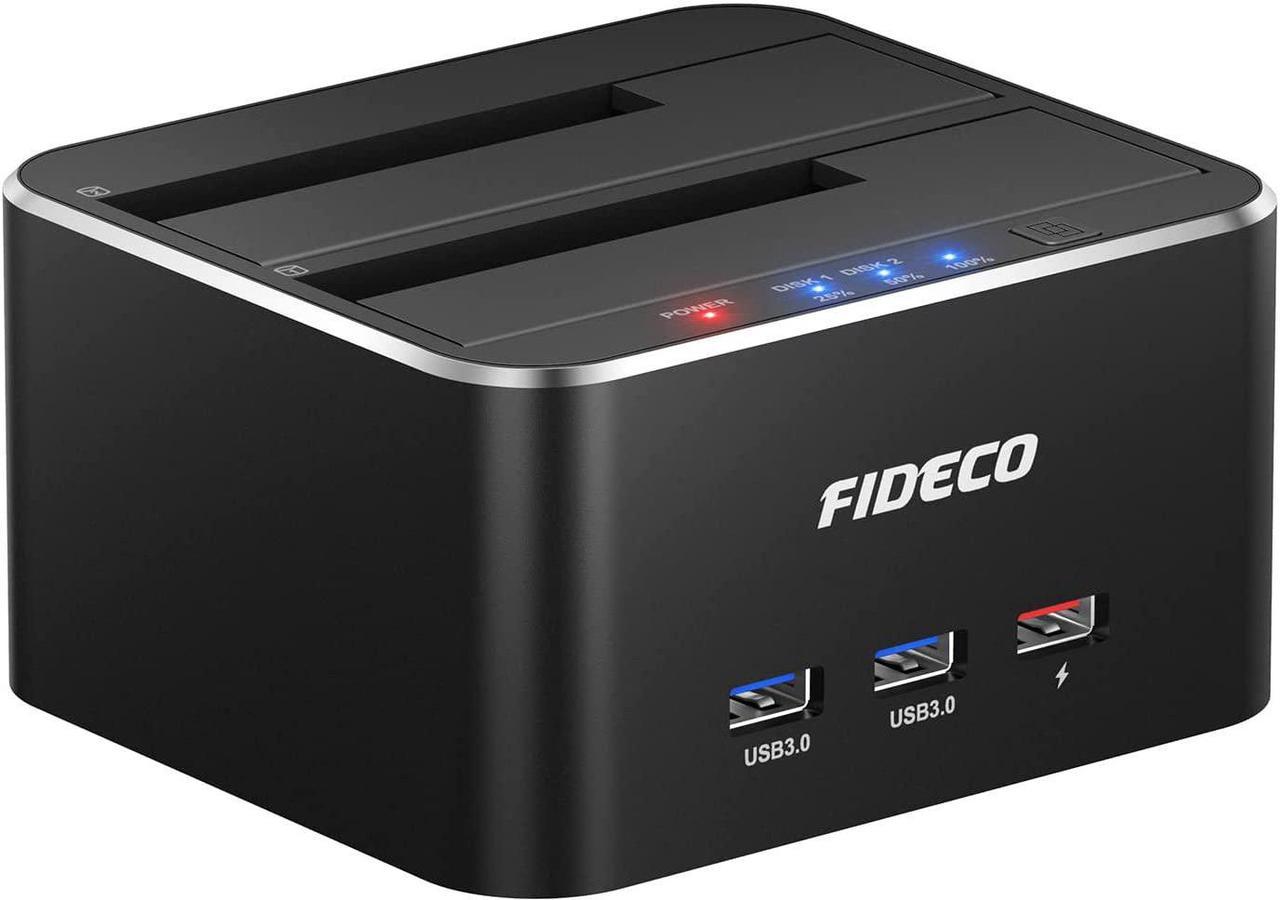 FIDECO USB 3.0 to SATA Dual Bay External Hard Drive Docking Station for 2.5/3.5 Inch HDD SSD with Hard Drive Duplicator/Offline Clone Function/2 USB 3.0 Ports/1 USB Fast Charge Port, Support 16TB