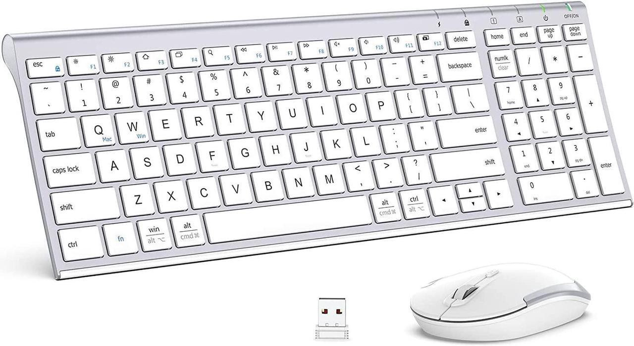 iClever GK03 Wireless Keyboard and Mouse Combo - 2.4G Portable Wireless Keyboard Mouse, Rechargeable Battery Ergonomic Design Full Size Slim Thin Stable Connection Adjustable DPI (silver)