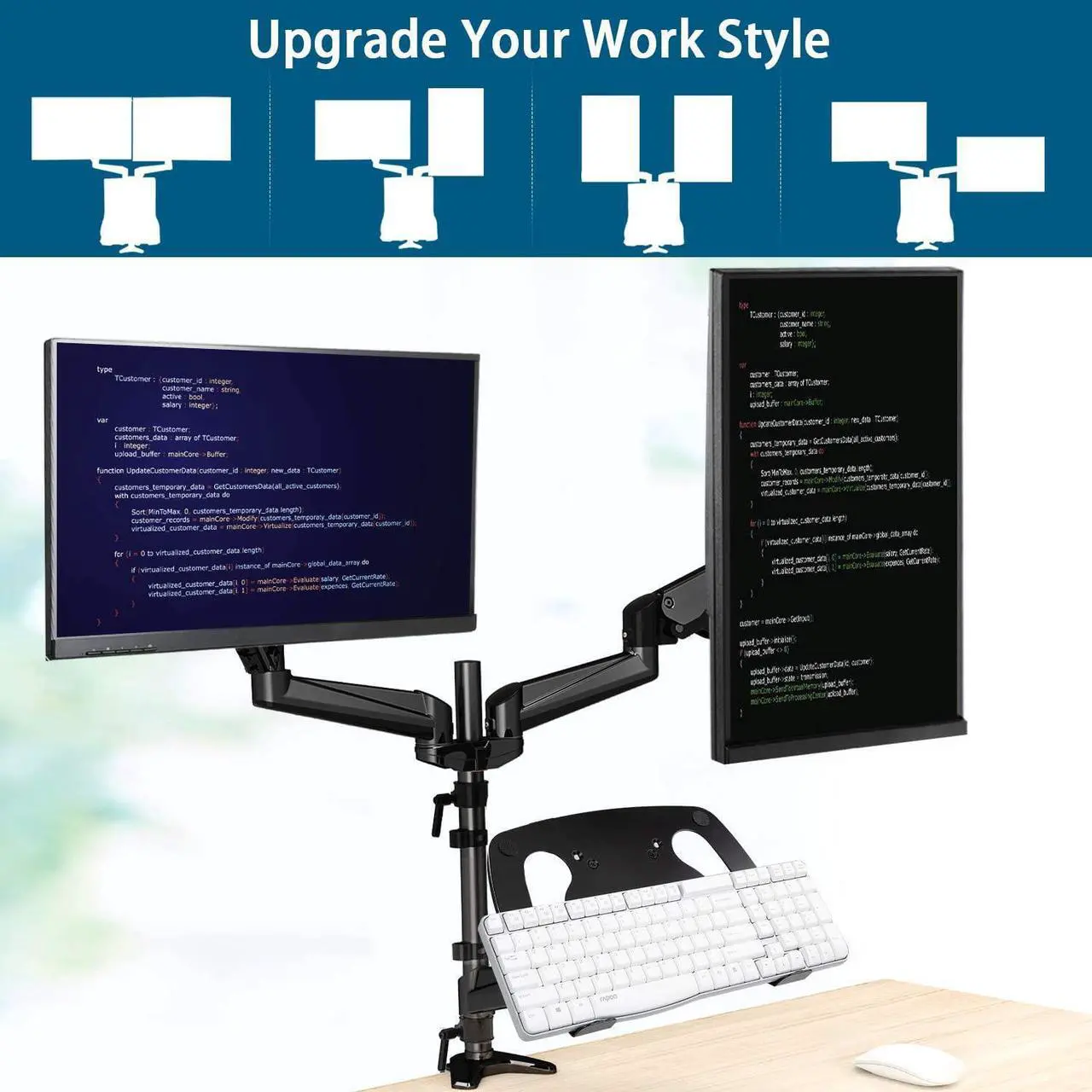 Alt view image 2 of 6 - HUANUO Monitor and Laptop Mount, Gas Spring Dual Monitor Stand with Laptop Tray Fit Two 13 to 27 Inch Flat Curved Computer Screens and 10 to 15 Inch Notebooks with C Clamp, Grommet Mounting Base