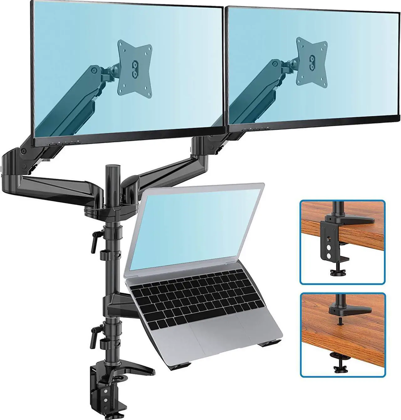 Main image of HUANUO Monitor and Laptop Mount, Gas Spring Dual Monitor Stand with Laptop Tray Fit Two 13 to 27 Inch Flat Curved Computer Screens and 10 to 15 Inch Notebooks with C Clamp, Grommet Mounting Base