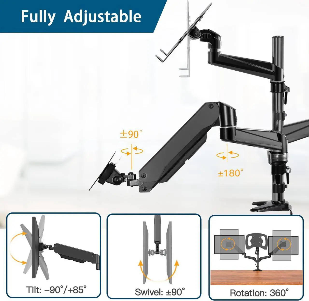 Alt view image 4 of 6 - HUANUO Monitor and Laptop Mount, Gas Spring Dual Monitor Stand with Laptop Tray Fit Two 13 to 27 Inch Flat Curved Computer Screens and 10 to 15 Inch Notebooks with C Clamp, Grommet Mounting Base