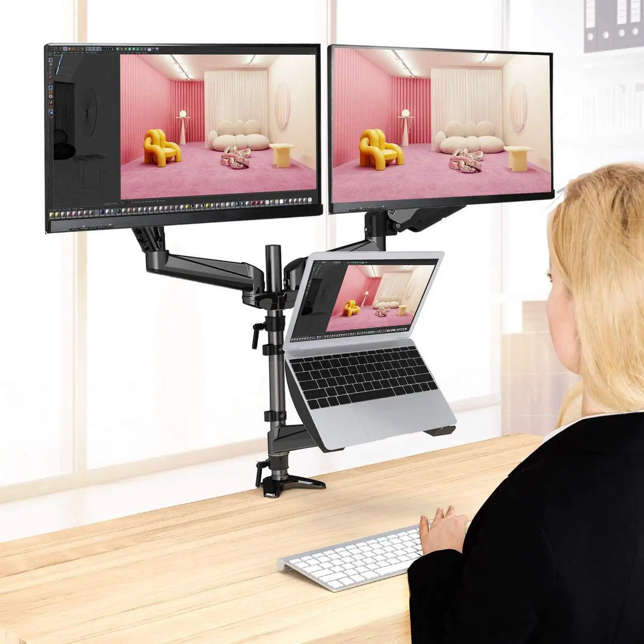 Alt view image 6 of 6 - HUANUO Monitor and Laptop Mount, Gas Spring Dual Monitor Stand with Laptop Tray Fit Two 13 to 27 Inch Flat Curved Computer Screens and 10 to 15 Inch Notebooks with C Clamp, Grommet Mounting Base