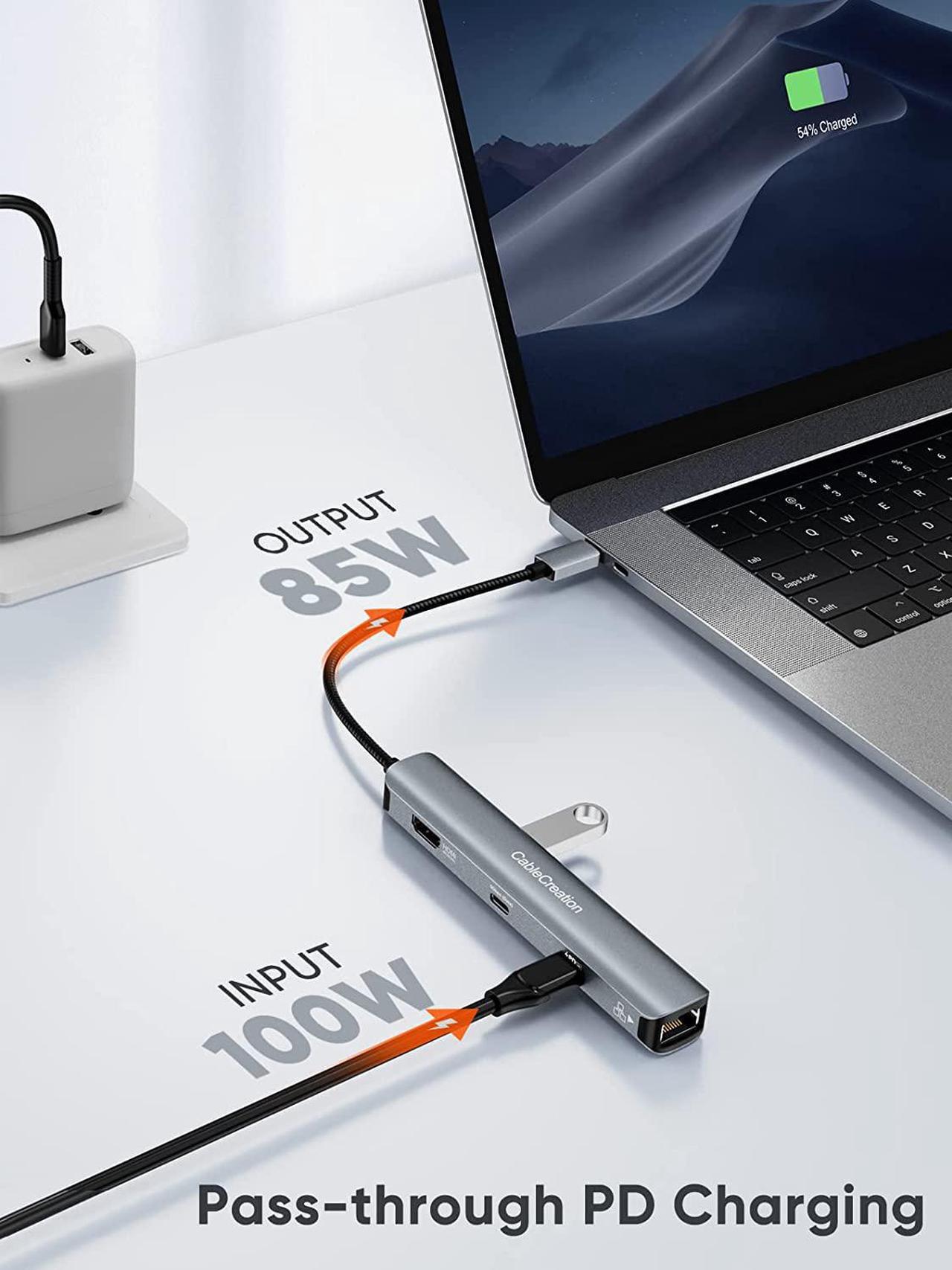 Alt view image 5 of 7 - CableCreation 6-in-1 USB-C Hub/Multiport Adapter with 4K 60HZ HDMI, USB C Data Port, 1Gbps Ethernet, 100W Power Delivery, 2 USB 3.0 Port, for MacBook Pro Air M1, iPad Pro Air 2022-2018, XPS