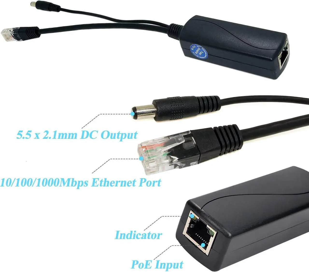 Alt view image 2 of 6 - Gigabit PoE Splitter 12V 2A Output with IEEE 802.3af/at Standard Compliant 10,100,1000Mbps Power Over Ethernet Splitter Adapter for Security Camera CCTV Surveillance 5.5x2.1mm DC Plug Cable(PS5712TG)