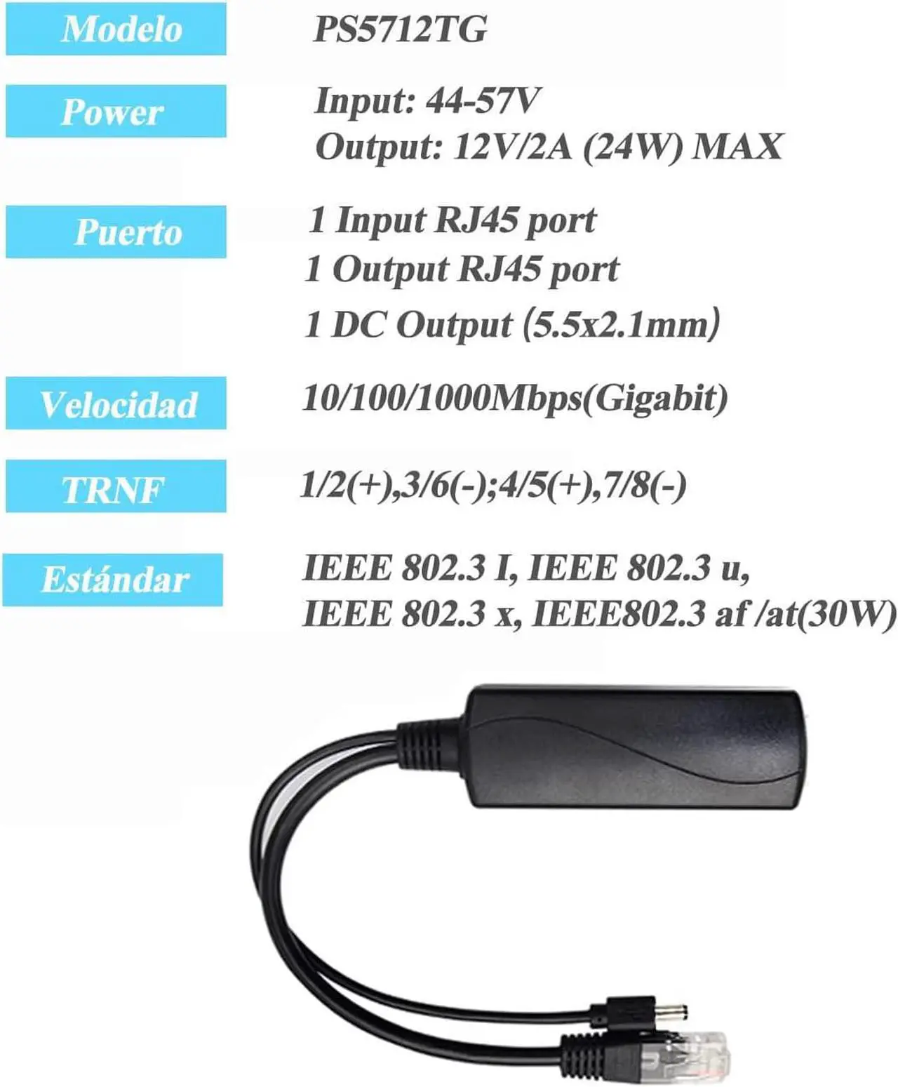 Alt view image 4 of 6 - Gigabit PoE Splitter 12V 2A Output with IEEE 802.3af/at Standard Compliant 10,100,1000Mbps Power Over Ethernet Splitter Adapter for Security Camera CCTV Surveillance 5.5x2.1mm DC Plug Cable(PS5712TG)