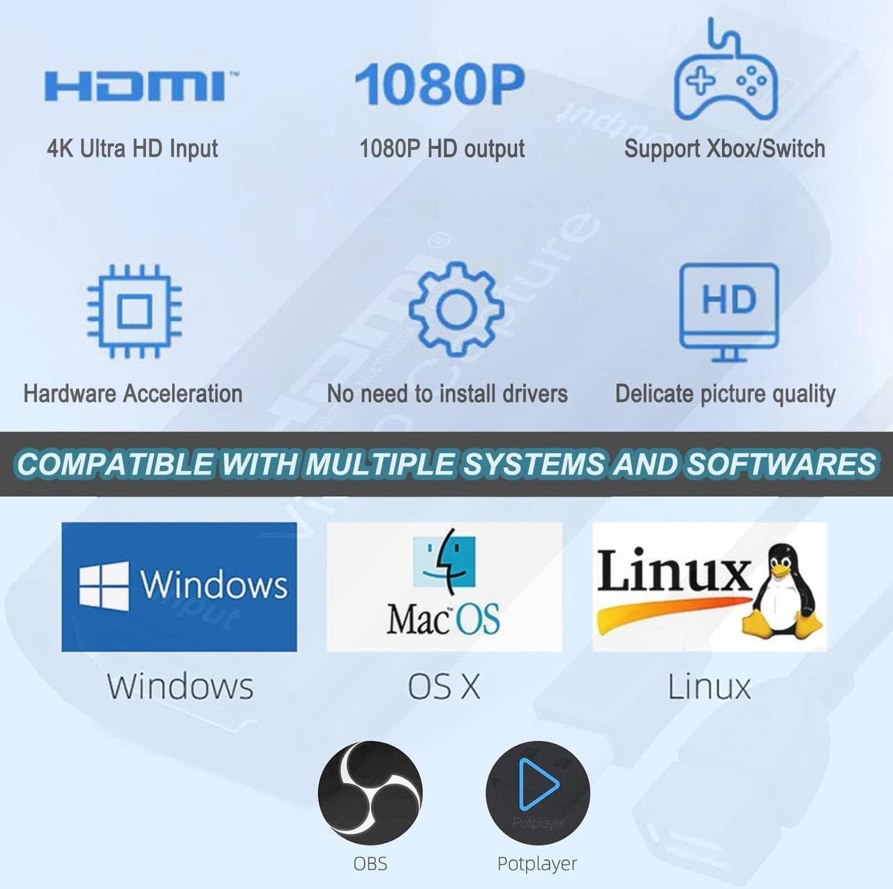 Alt view image 6 of 6 - 4K HDMI to USB 2.0 Video Capture Card 1080P Cam Link Card Game Capture Card Adapter Screen Record Capture Device for Streaming, Gaming, Video Conference, Teaching, Live Broadcasting