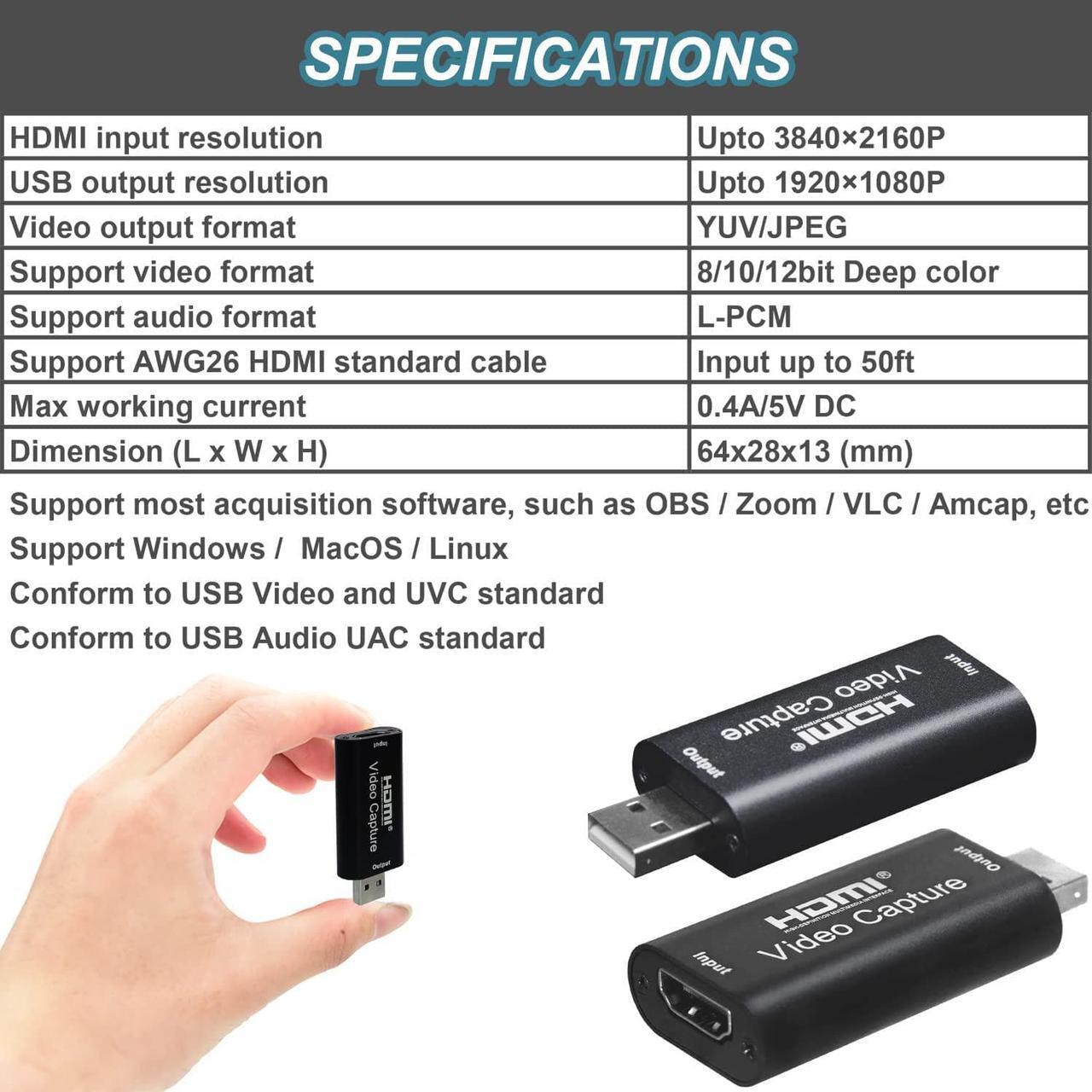 Alt view image 5 of 6 - 4K HDMI to USB 2.0 Video Capture Card 1080P Cam Link Card Game Capture Card Adapter Screen Record Capture Device for Streaming, Gaming, Video Conference, Teaching, Live Broadcasting