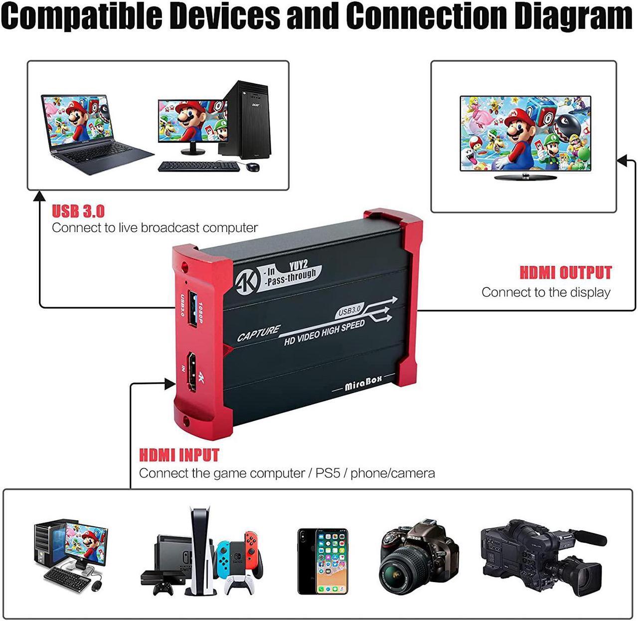 Alt view image 2 of 7 - Mirabox Capture Card for Nintendo Switch,USB3.0 1080P 60FPS Video Audio Capture Card,Support 4K@30Hz Input and Passthrough for PS4 PS5 DSLR Xbox Streaming and Recording by OBS