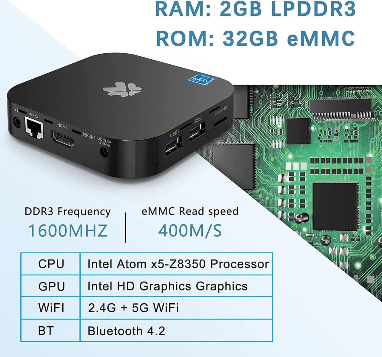 Alt view image 2 of 7 - Mini PC Fanless Intel Atom Z8350 2GB DDR3 32GB eMMC Mini Computer with Windows 10 Pro Mini Desktop PC Support 4K HD, 2.4G/5G WiFi, Bluetooth 4.2, Gigabit Ethernet