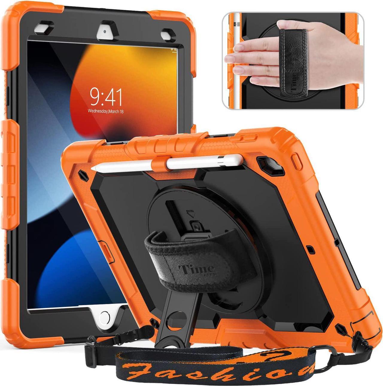 iPad 9th/ 8th/ 7th Generation Case (iPad 10.2 Case, iPad 9/8/ 7 Gen Case): with Strong Protection, Screen Protector, Hand Strap, Shoulder Strap, 360° Rotating Stand, Pencil Holder - Orange