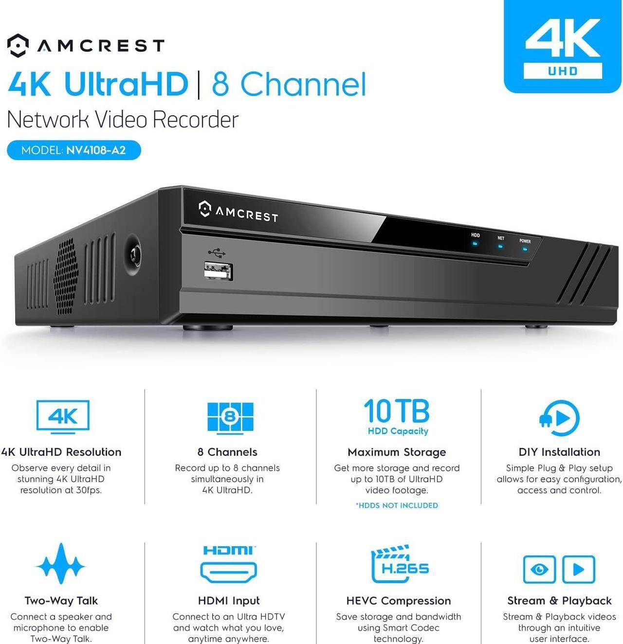 Alt view image 2 of 7 - Amcrest NV4108-A2 4K 8CH NVR (1080p/3MP/4MP/5MP/8MP) POE Network Video Recorder - Supports up to 8 x 8MP/4K IP Cameras, 8-Channel, Supports up to 10TB Hard Drive (No Built-in WiFi)