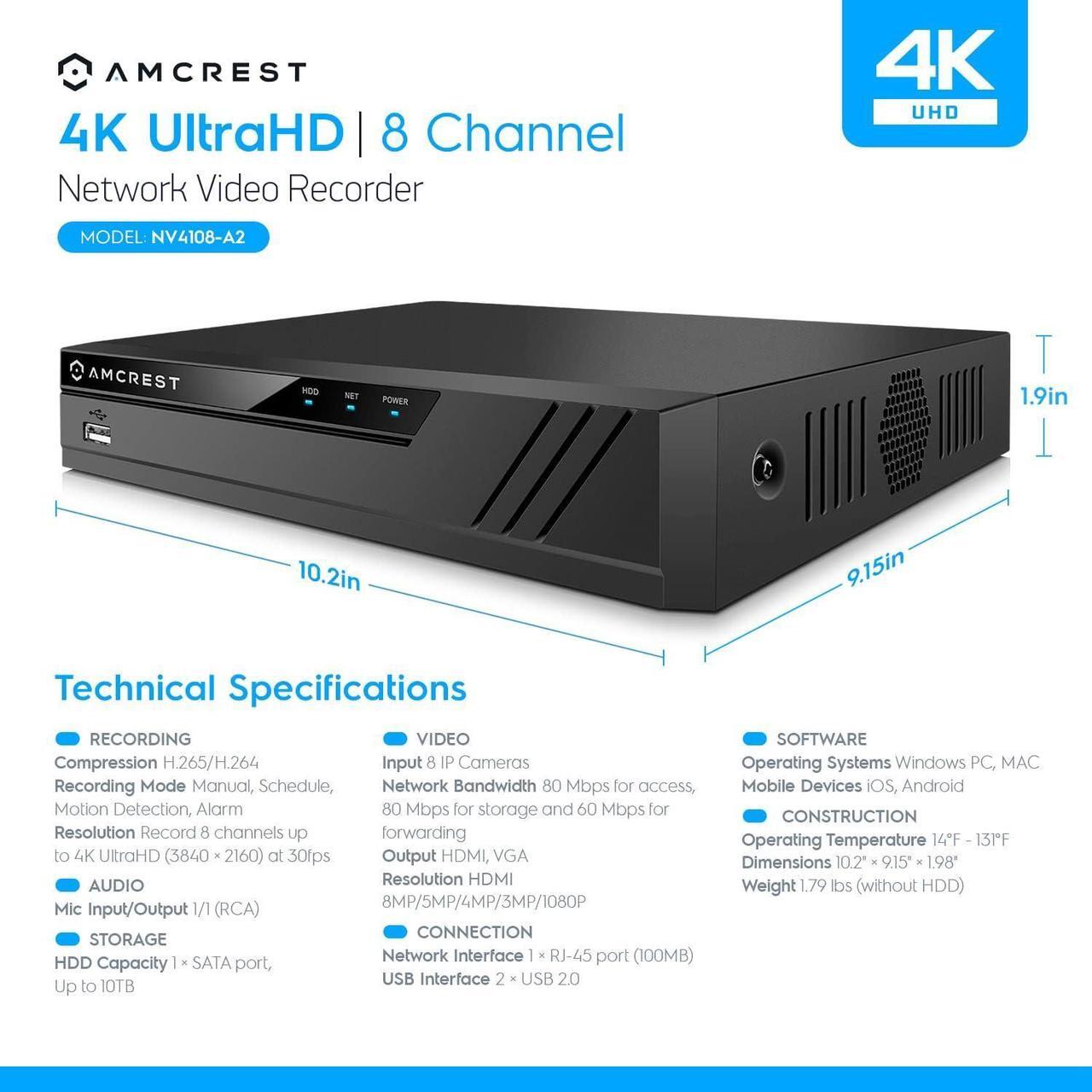 Alt view image 7 of 7 - Amcrest NV4108-A2 4K 8CH NVR (1080p/3MP/4MP/5MP/8MP) POE Network Video Recorder - Supports up to 8 x 8MP/4K IP Cameras, 8-Channel, Supports up to 10TB Hard Drive (No Built-in WiFi)