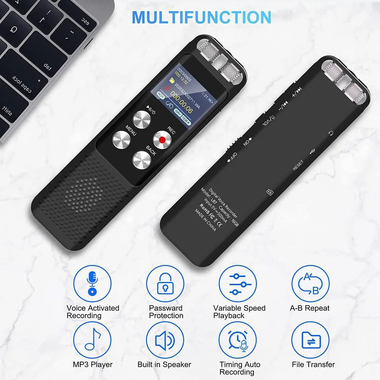 Alt view image 6 of 7 - 48GB Digital Voice Recorder: Voice Activated Recorder with Playback, Audio Recording Device for Lectures Meetings, Dictaphone Sound Tape Recorder with Password | USB