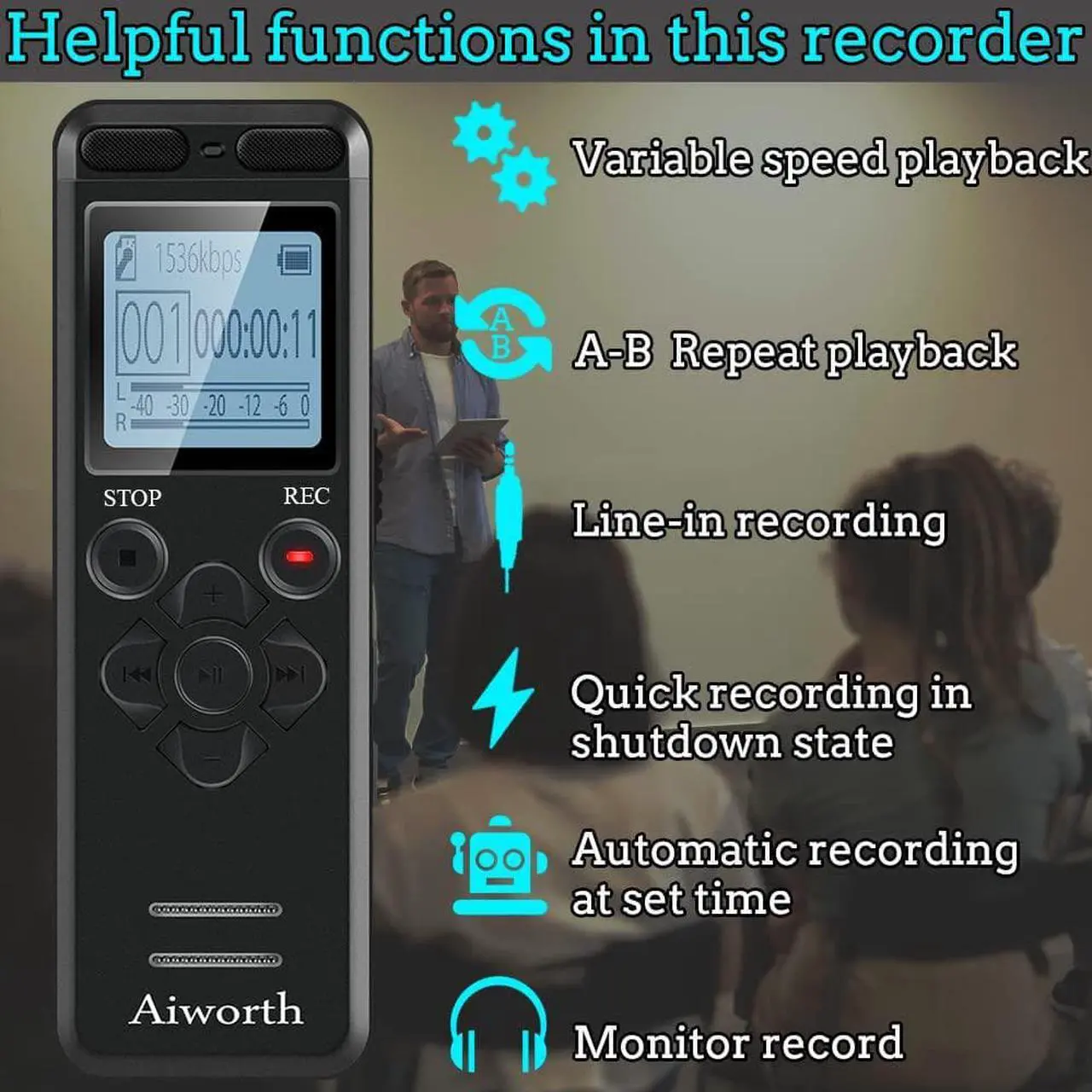 Alt view image 6 of 7 - 72GB Digital Voice Recorder Voice Activated Recorder for Lectures Meetings - aiworth 5220 Hours Sound Audio Recorder Dictaphone Recording Device with Playback,MP3 Player,Password,Variable Speed