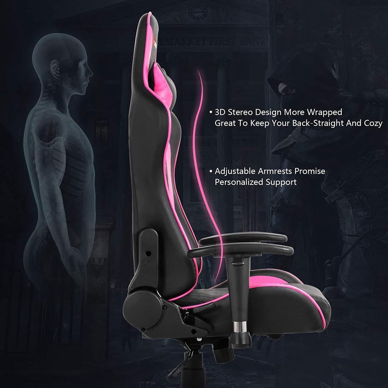 Alt view image 6 of 7 - POWERSTONE Pink Gaming Chair Recliner with Adjustable Armrest Massage Lumbar Support Wide Cushion Ergonomic Office Computer Chair