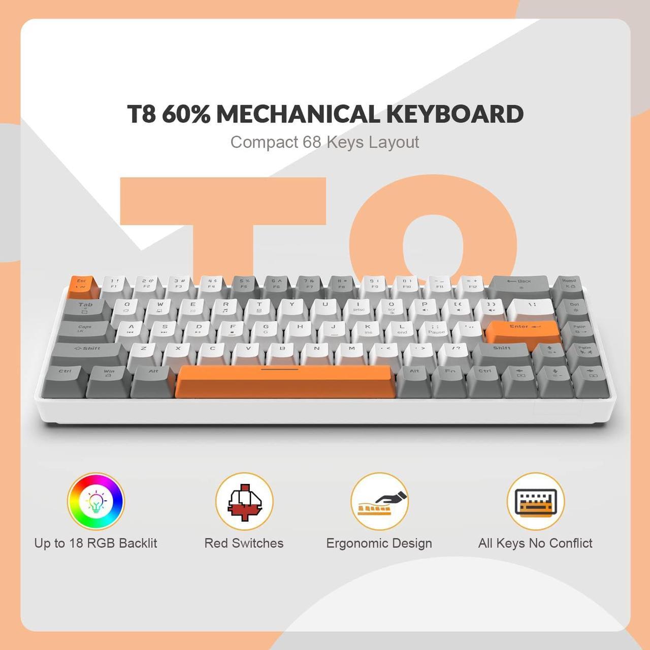Alt view image 2 of 7 - ZIYOU LANG RK-T8 Wired 65% Mechanical Gaming Keyboard with RGB LED Backlit Anti-ghosting TKL Mini 68 Key Custom Coiled C to A Cable Linear Red Switch for PS4 PS5 Xbox PC Mac Gamer(Gray/White/Orange)